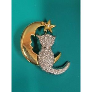 Vintage Gold Silver Tone Crescent Moon & Kitty Cat Brooch Pin Pave Rhinestone